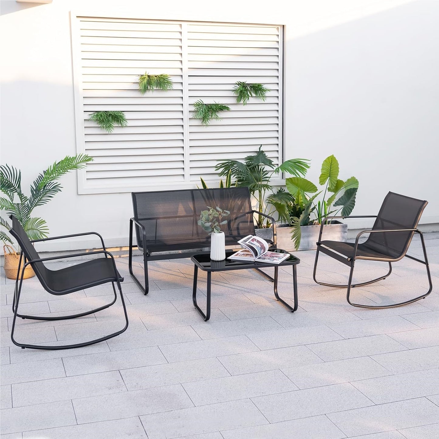 Tuinmeubelset – Tuinset – Loungeset – Balkonset – Terrasmeubilair – 4-Delige Zwart Met Rocking Stoelen – Met Veilig Schommelmechanisme en Versterkt Metaalframe