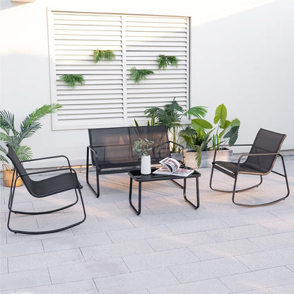 Tuinmeubelset – Tuinset – Loungeset – Balkonset – Terrasmeubilair – 4-Delige Zwart Met Rocking Stoelen – Met Veilig Schommelmechanisme en Versterkt Metaalframe