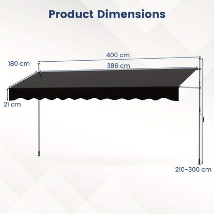 Handmatig Uitschuifbaar Zonnescherm – Terrasdoek – Zonwering – Buitenluifel – Balkon Scherm – Verstelbaar 210-300 cm – 400 cm Breed – UV-Bescherming Polyester – Stevig Metalen Frame