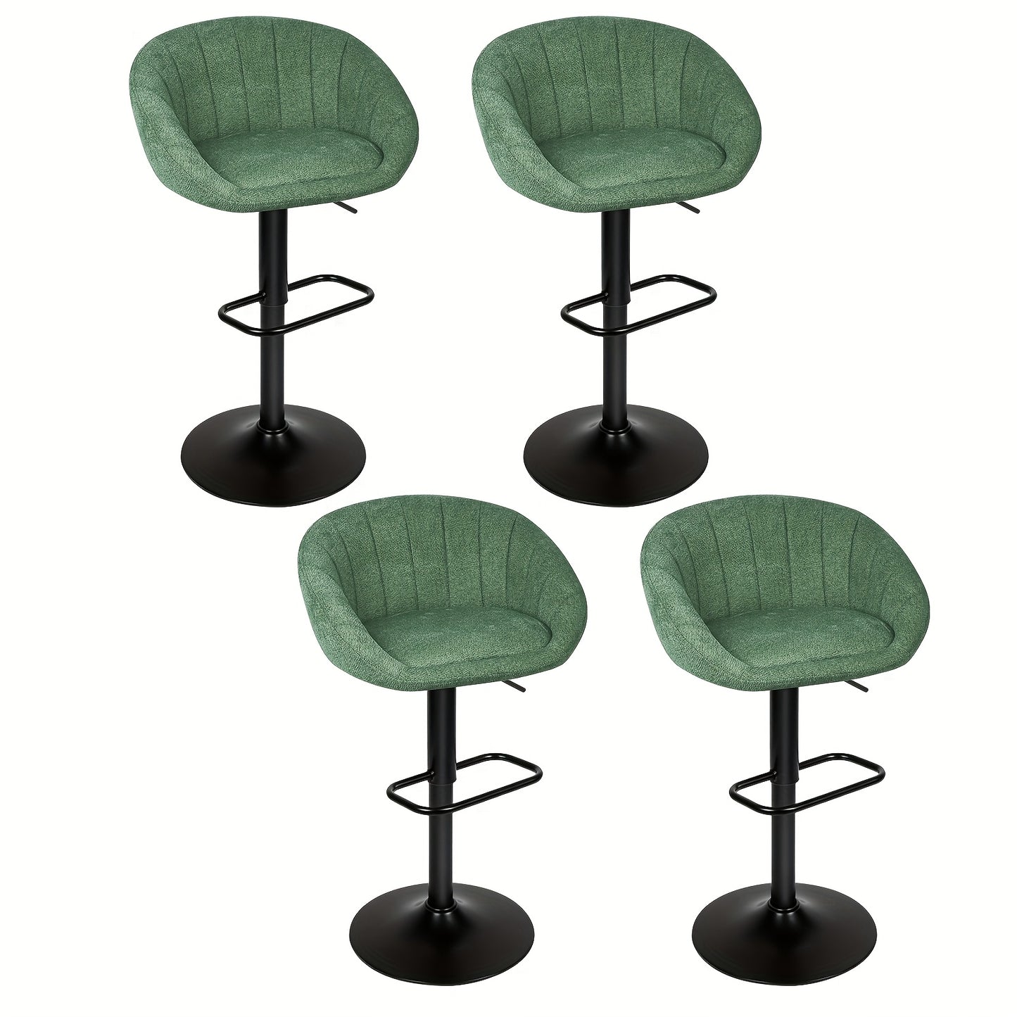 A Set of Four Height-Adjustable Linen Bar Stools, 52-72 Cm High, with Thick Green Fabric Covers And Black Metal Frames. These Country-Style Bar Stools Are Suitable for Kitchen Islands And Home Décor.