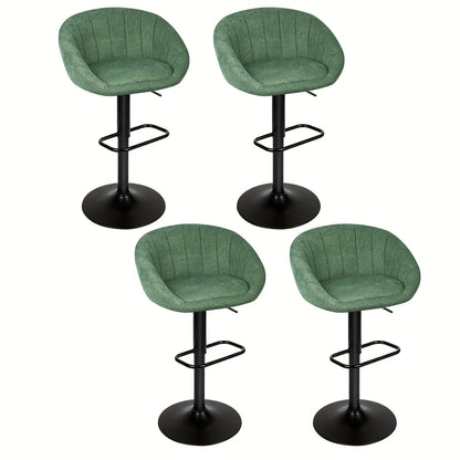 A Set of Four Height-Adjustable Linen Bar Stools, 52-72 Cm High, with Thick Green Fabric Covers And Black Metal Frames. These Country-Style Bar Stools Are Suitable for Kitchen Islands And Home Décor.