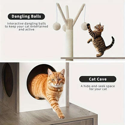 Kattenboom – Kattenhuis – Krabpaal – Kattenmeubel – Klimpaal – Verborgen Kattenbak – Stevige Houten Constructie – Ruimtebesparend & Modern Grijs