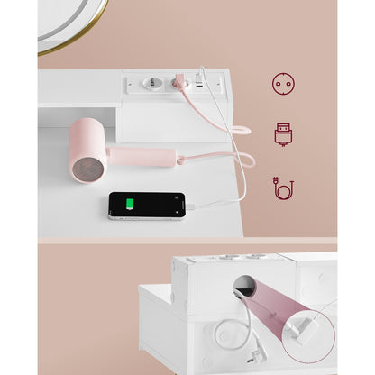 Make-uptafel – Kaptafel – Make-up Bureau – Schoonheidstafel – Cosmetische Tafel – Mat Off-white Goud – Verlichte Spiegel – Comfortabele Kruk