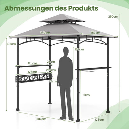 Grillpaviljoen – Barbecueoverkapping – Grill Shelter – BBQ Tent – Buitenkeuken – Dubbel Dak – Weerbestendige Polyester Kap – 242 x 153 x 250 cm – Met Zijtafels en Flessenopener – Metaalframe