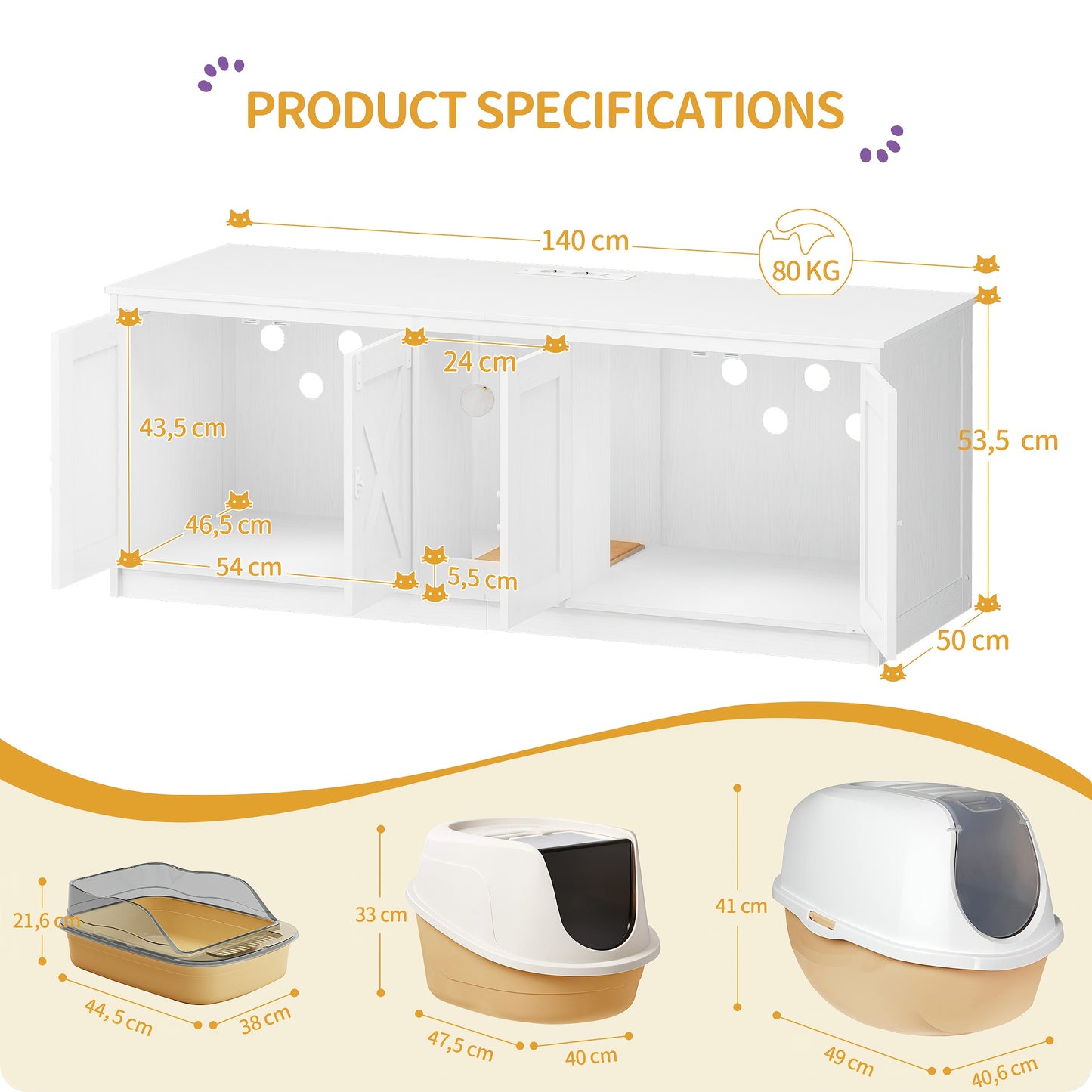 Kattenhuis – Kattenmeubel – Kattenkast – Kattenbakmeubel – Verstopte kattenbak – 140 cm Groot – Met USB Poorten en Stopcontacten – Wit