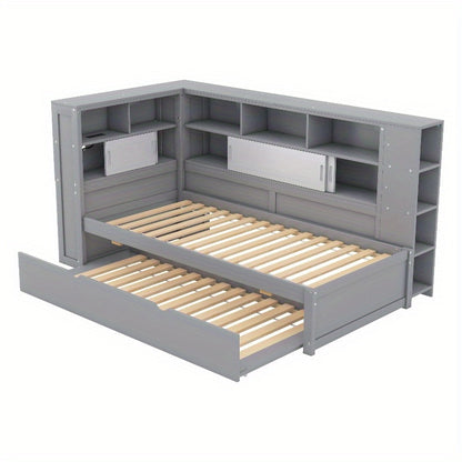 Daybed Grijs – Bedbank – Slaapbank – Logeerbed – Kinderbed – Met Uitschuifbaar Bed – Opbergruimte – 90x200 & 90x190 cm – Zonder Matras