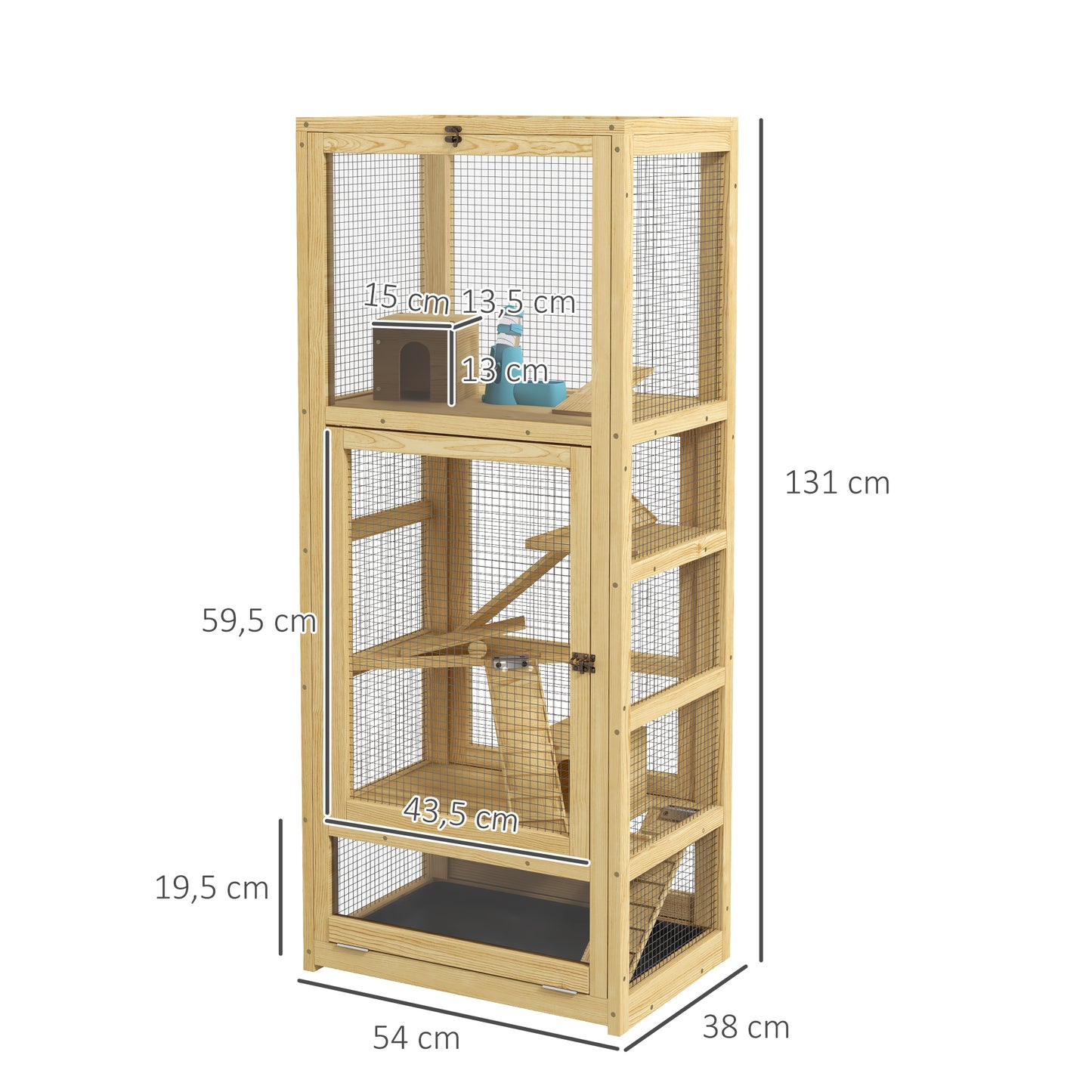 Hamsterras – Knaagdierkooi – Dierenkooi – Houten Kooi – Kleine Dierenkooi – 5 Verdiepingen Met Ladder & Schommel – Uitneembare Bodemlade & Natuurlijk Hout – 54x38x131 cm