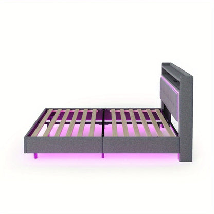 Bedframe – Ledikant – Slaapkamerset – Boxspring – Tweepersoonsbed – Grijs Linnen – Zacht Hoofdbord – Verborgen Poten – Modern Design – 160x200 cm Stabiel