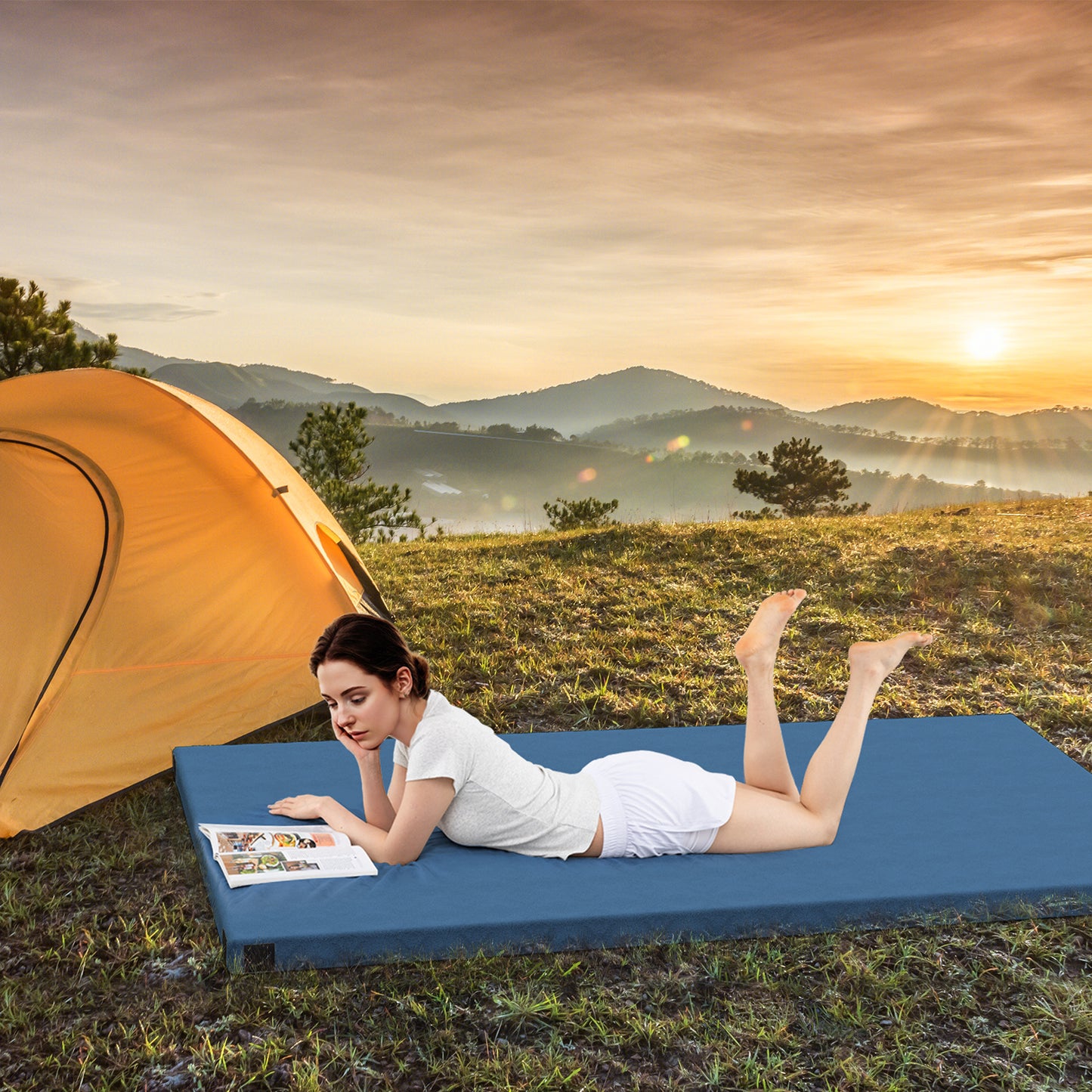Campingmatras – Slaapmat – Logeerbed – Outdoor Mat – Reisbed – Extra Groot – Dikke Hoogwaardige Schuimlaag – Anti-Slip Onderkant – Wasbare Hoes – Opvouwbaar Met Draagtas – Blauw