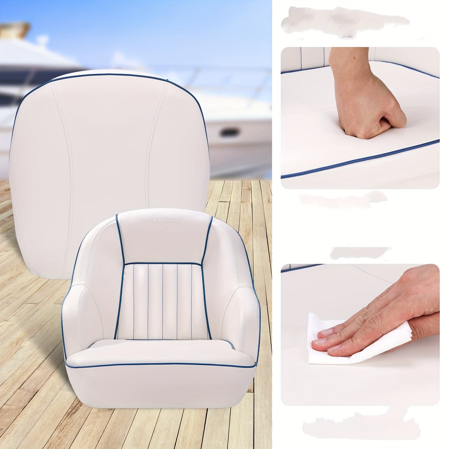 Heavy Duty Marine-Grade Boat Seat Captains Chair with Ergonomic Backrest & Cushioned Seat - White Fishing Boat Seat with Blue Accent, Durable Marine Bucket Seat for Long Hours of Comfort, Ideal for Boats, Yachts, Fishing Vess