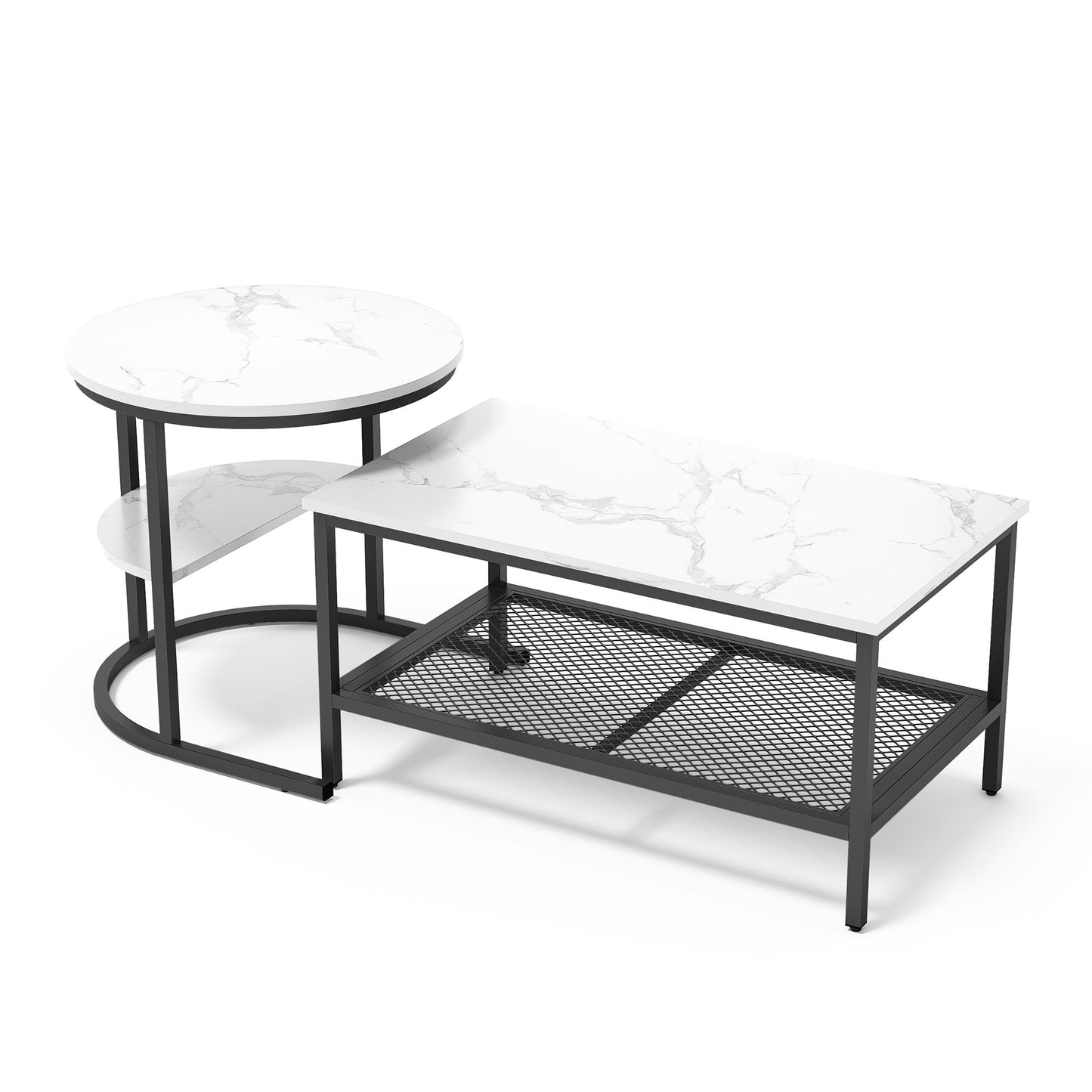 Salontafel – Woonkamertafel – Bijzettafel – Koffietafel – Tafelset – Kunstmarmeren Blad – Metalen Frame – 2-in-1 Rond en Rechthoekig – Opbergruimte