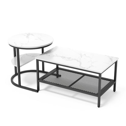 Salontafel – Woonkamertafel – Bijzettafel – Koffietafel – Tafelset – Kunstmarmeren Blad – Metalen Frame – 2-in-1 Rond en Rechthoekig – Opbergruimte
