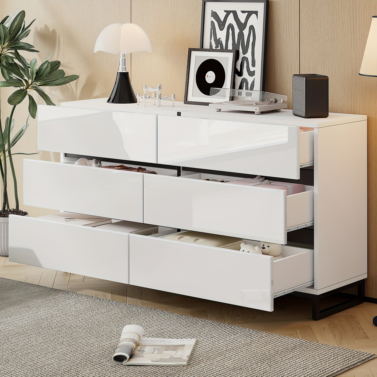 Modern White & Black Metal Living Room Sideboard Cabinet with 6-Drawer Storage - Heavy-Duty Glossy Chest of Drawers with 3 Sturdy Metal Legs, Spacious Contemporary Furniture for Home Organization, 140x39.5x78.5cm, Ideal for A