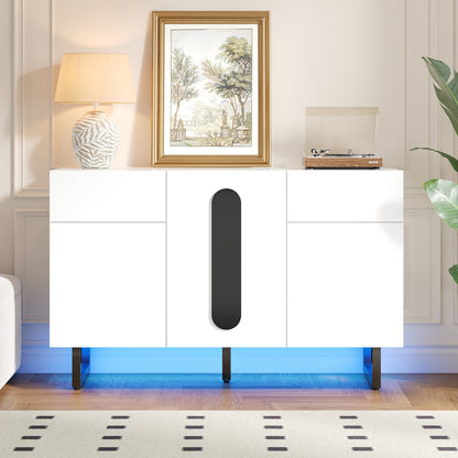 Sideboard, modern sideboard, 120cm, featuring ample storage space, drawers and cabinet doors, white finish with black handles and metal legs, suitable for dining rooms, living rooms or kitchens.