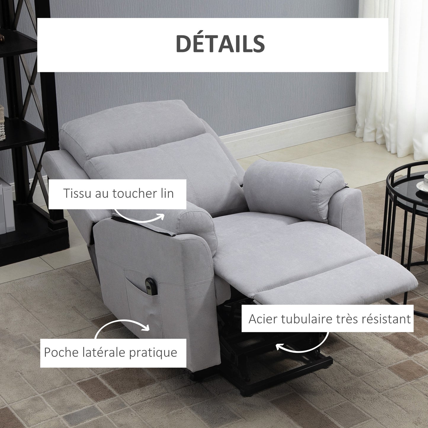 Relaxfauteuil – Relaxstoel – Ligstoel – Elektrische Fauteuil – Sta-op Stoel – Verstelbare Rugleuning 160° – Elektrisch Verstelbare Voetensteun – Polyester Linnen Look Lichtgrijs