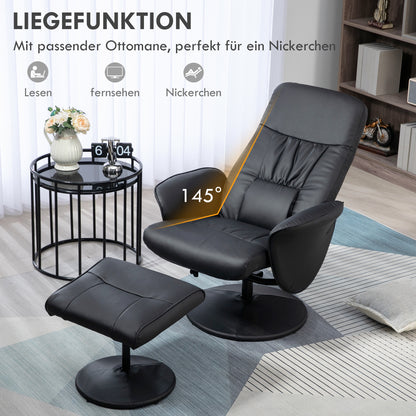 Relaxfauteuil – Relaxstoel – Fauteuil – Leunstoel – Voetenbank – Zwart – Manueel Verstelbare Rugleuning 145° – Draaibaar Onderstel 360°