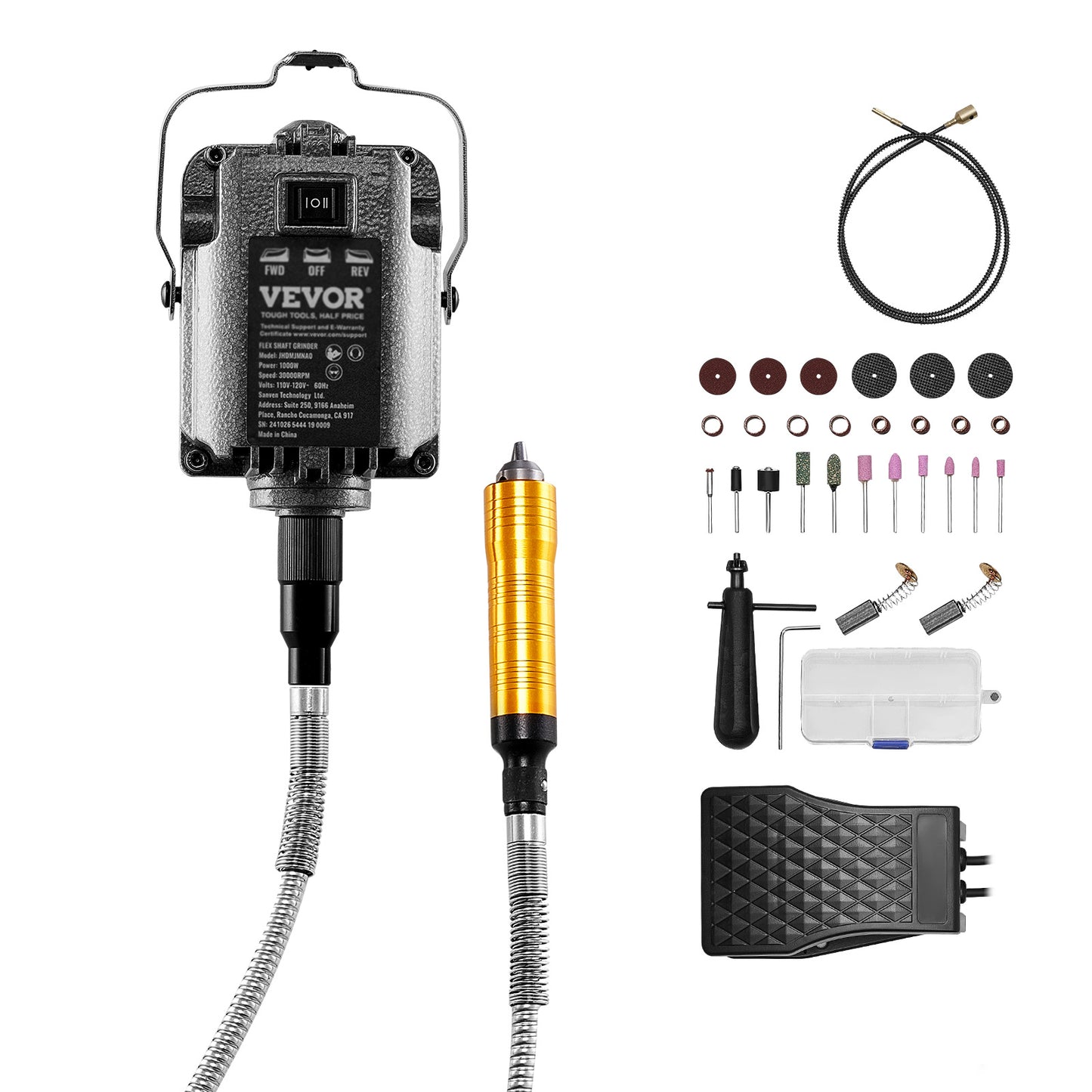 Flex Shaft Slijpmachine – Graveermachine – Polijstmachine – Slijptol – Boormachine – 1000W Motor – 30.000 RPM Snelheid – Voetpedaalbediening – Compleet Accessoirepakket