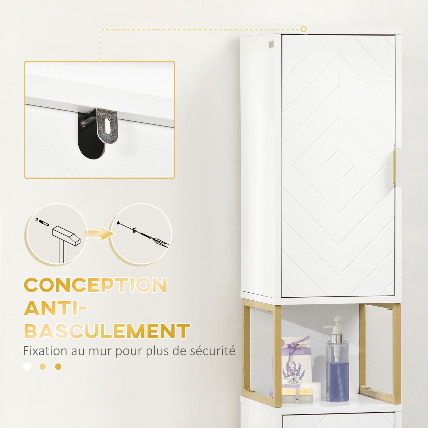 Badkamerkolom – Badkamerkast – Opbergmeubel – Badkamerkastje – Sanitairopberger – Wit met Gouden Accenten – Compact 30x30x170 cm – Waterbestendig MDF