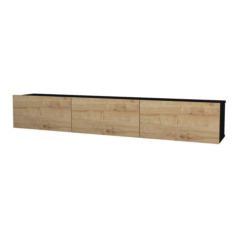 TV Meubel – TV Kast – TV Dressoir – Mediameubel – Hangend TV Meubel – Zwart & Eiken – 180x31x29,5 cm – 3 Opslagvakken