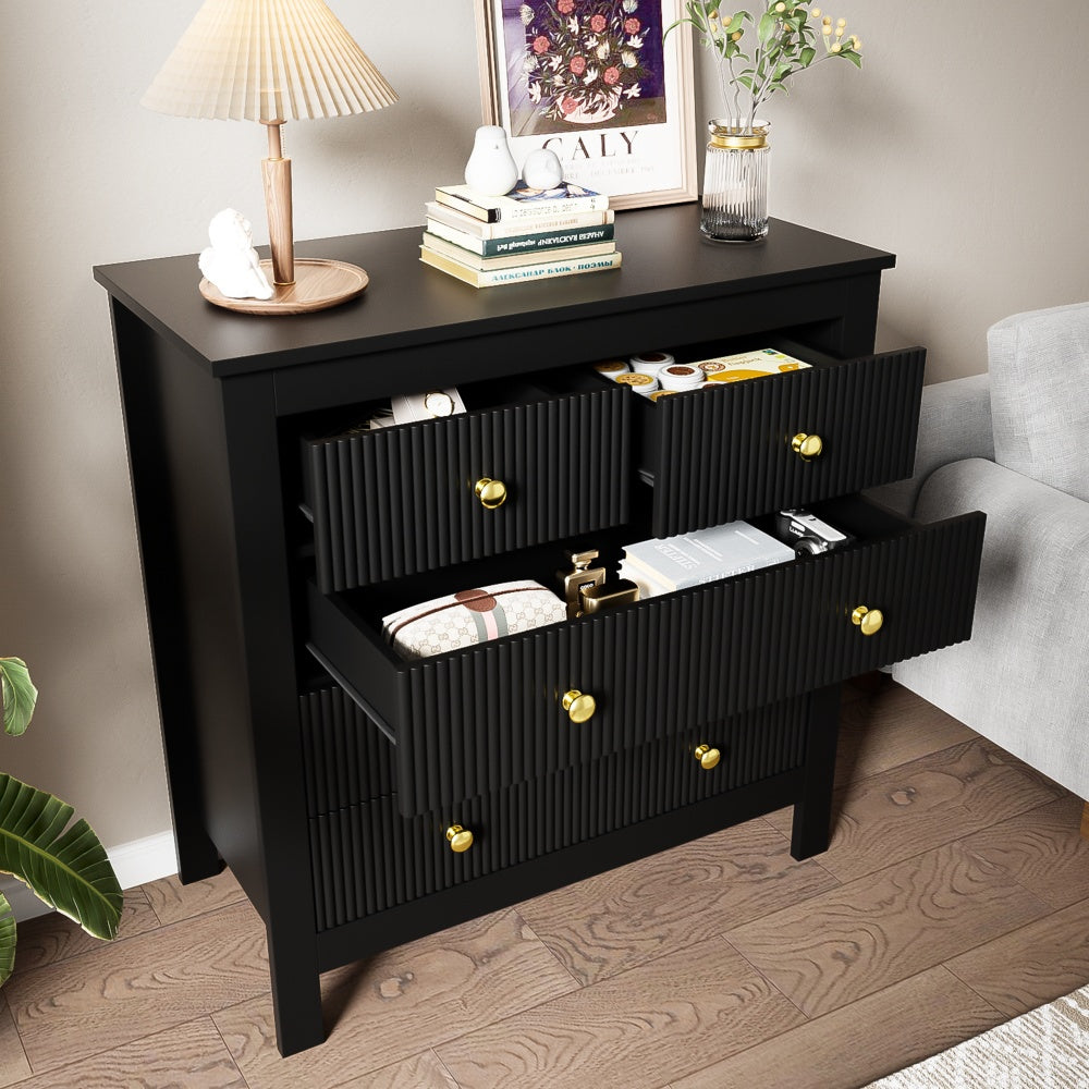 Modern Black Metal Sideboard with Golden-Toned Doors & 4-Drawer Front Cabinet - Heavy-Duty Non-Wood Storage Dresser, Shoe Cabinet for Living Room, Bedroom, Kitchen - -Standing Furniture (≥68.58cm Height, ≥5-Section Assemb