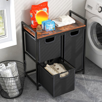 Wasmand – Wasbak – Wasbox – Waskrat – Laundry Hamper – 3 Compartimenten – 75L Metalen Frame & Afneembare Waszakken – Met Opbergrek Zwart met Rustiek Bruin