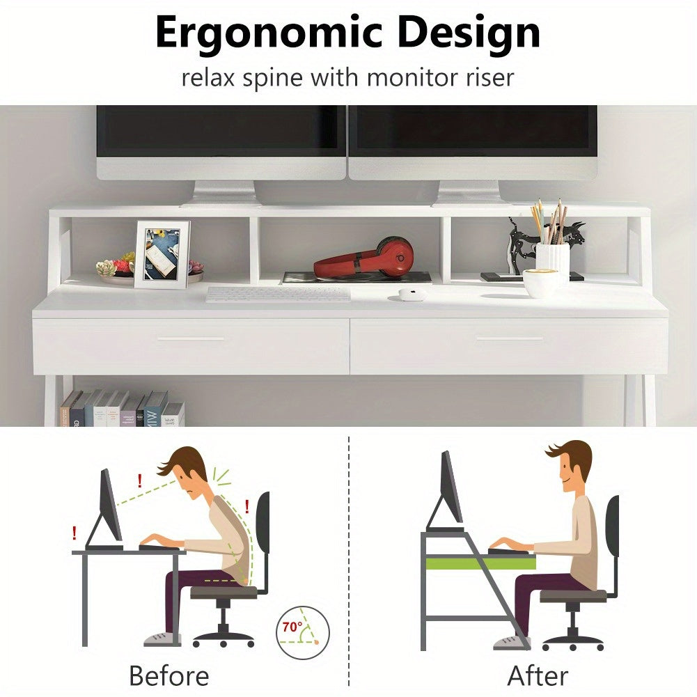 Bureau – Bureautafel – Computertafel – Werkplek – Schrijftafel – Wit Hout – Met Opbergruimte en Monitorstandaard – 120 cm Breed