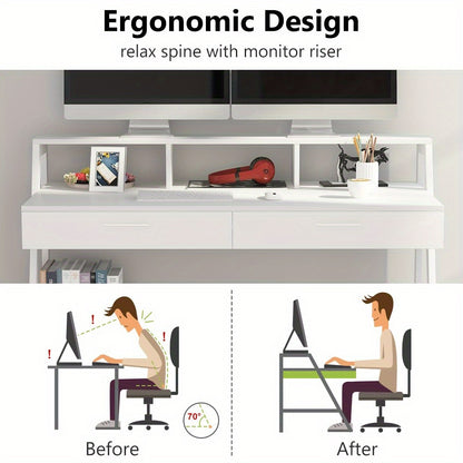 Bureau – Bureautafel – Computertafel – Werkplek – Schrijftafel – Wit Hout – Met Opbergruimte en Monitorstandaard – 120 cm Breed