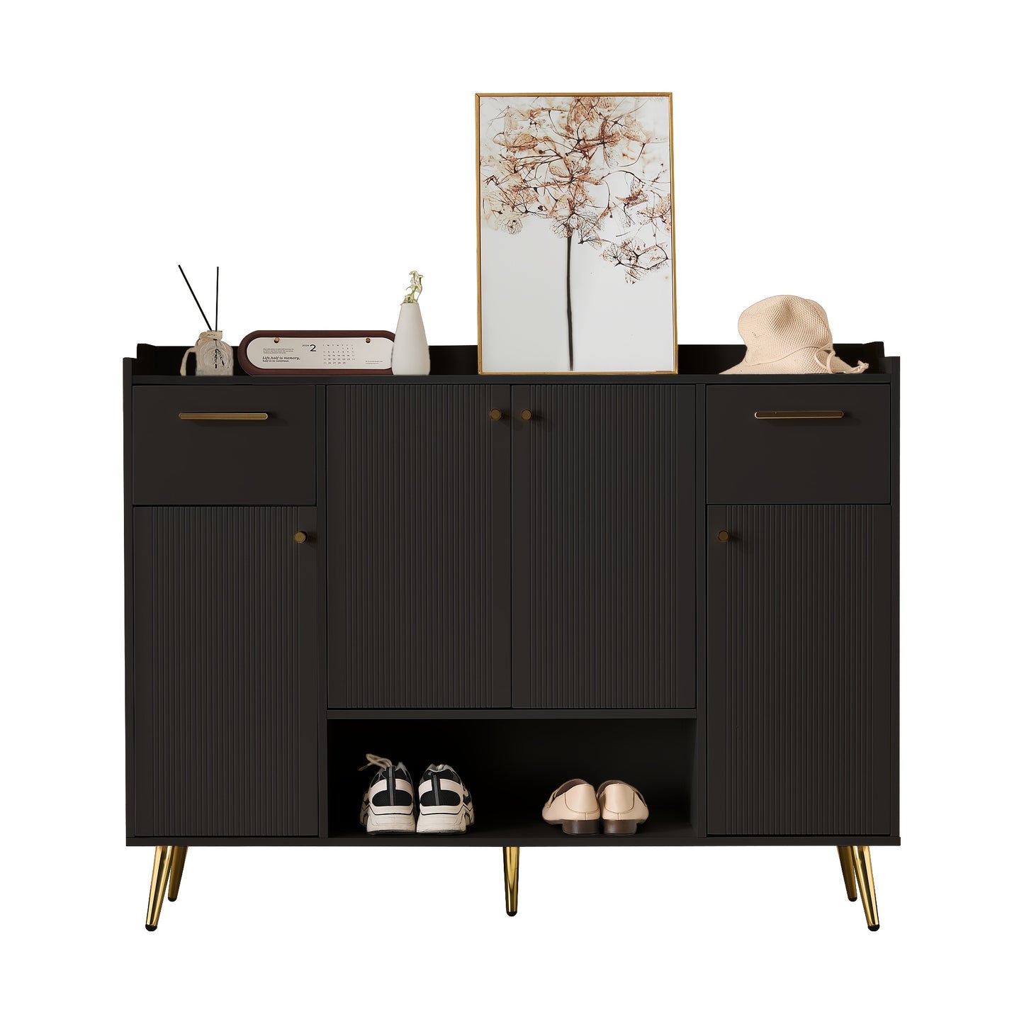 Shoe Cabinet With 2 Drawers And Shoe Rack With 4 Doors, Metal Feet, Black