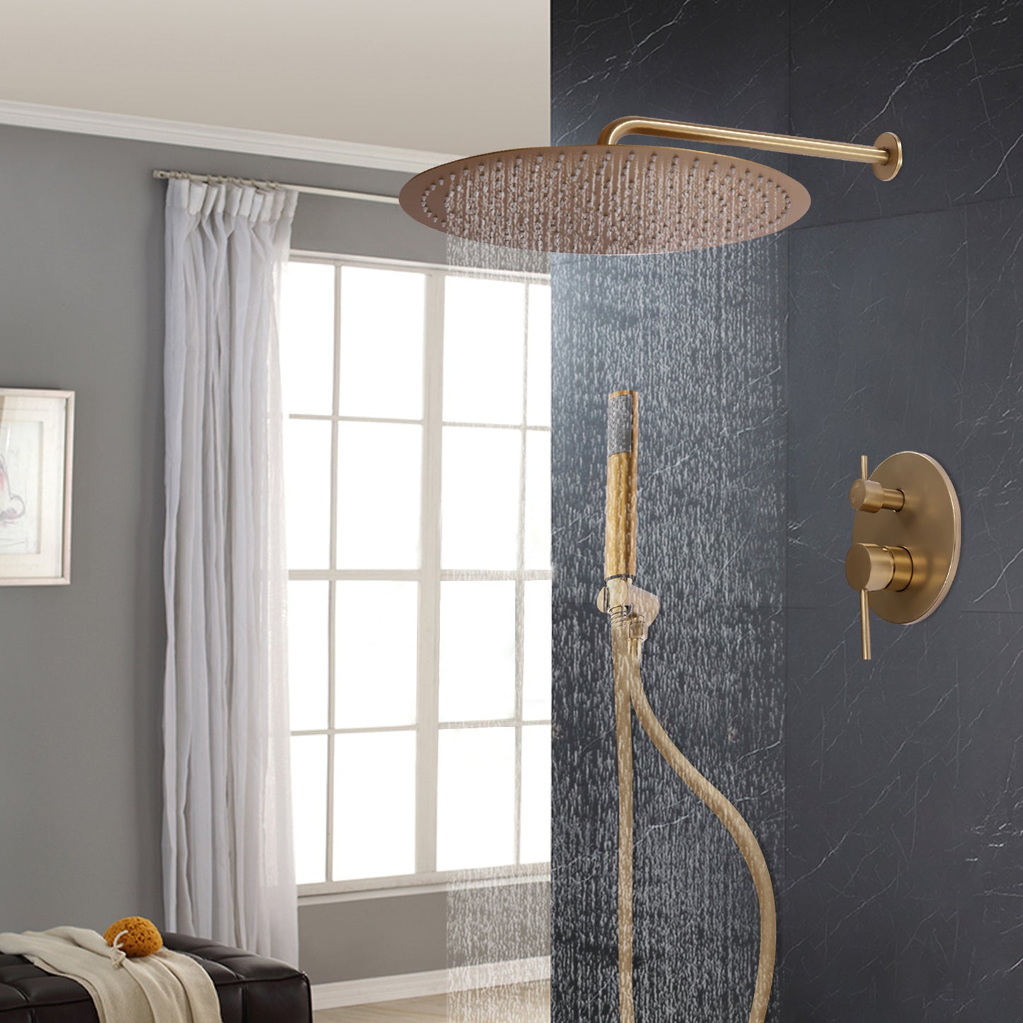 40cm/16in Large Brass Golden Round Wall-Mounted Shower System - Dual Shower Set with Handheld & Rain Shower, Thermostatic Valve, cUPC- Balancing, Quiet Close Valve, Water-Saving Booster Technology (Golden)
