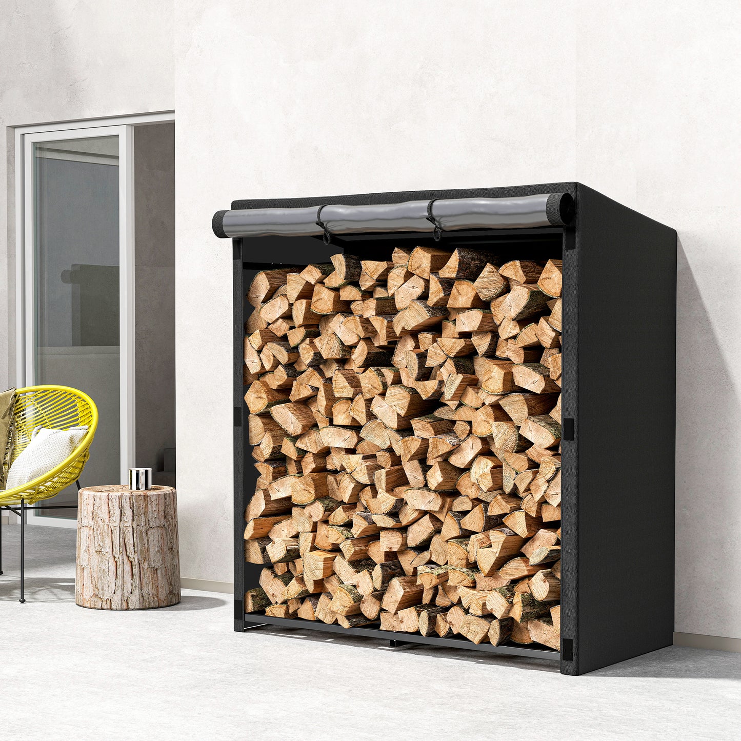 Houtopslag – Brandhoutrek – Haardhoutrek – Houtberging – Houtstapelrek – Stalen Frame – Waterdichte Oxford Stof – 300 kg Capaciteit – 140x70x154 cm – Zwart