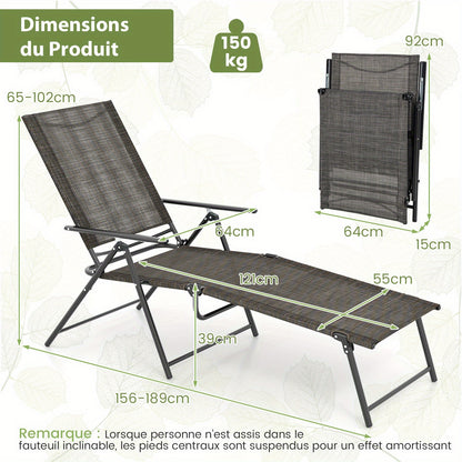 Ligstoel Buiten – Loungestoel Tuinstoel Ligbed Ligchaise – Verstelbaar 6 Rugleuning 2 Voetsteun – Vouwbaar Metalen Frame Bruin – Sneldrogende Ademende Stof