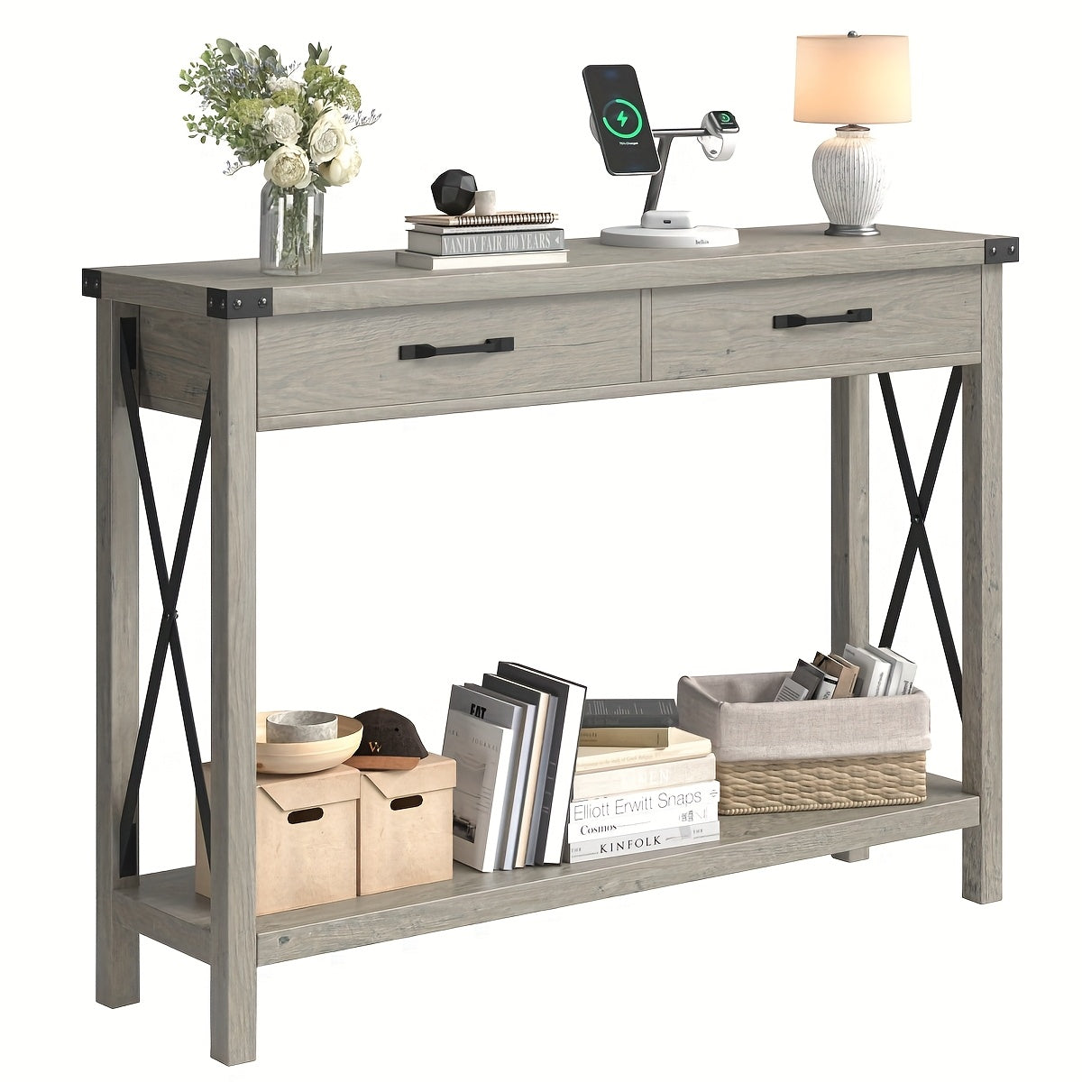 Farmhouse Console Table with 2 Drawers - Space-Saving Entryway Sofa Table, Sturdy MDF & Metal Construction, Modern Farmhouse Living Room, Hallway, Foyer Furniture - Easy Assembly, No Tools Needed, Compact Sofa Table for Small