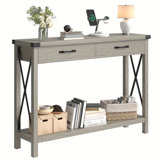 Farmhouse Console Table with 2 Drawers - Space-Saving Entryway Sofa Table, Sturdy MDF & Metal Construction, Modern Farmhouse Living Room, Hallway, Foyer Furniture - Easy Assembly, No Tools Needed, Compact Sofa Table for Small