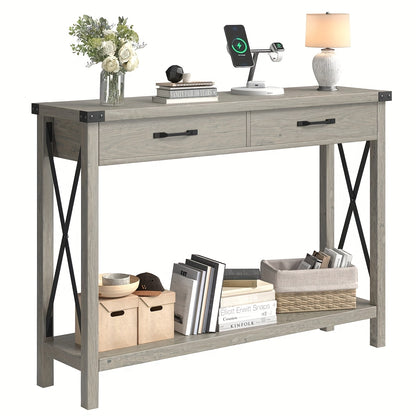Farmhouse Sidetable – Haltafel – Console Tafel – Sofa Tafel – Sidetable met Lade – Grijs – MDF & Metaal – Compact Ontwerp 110x30 cm