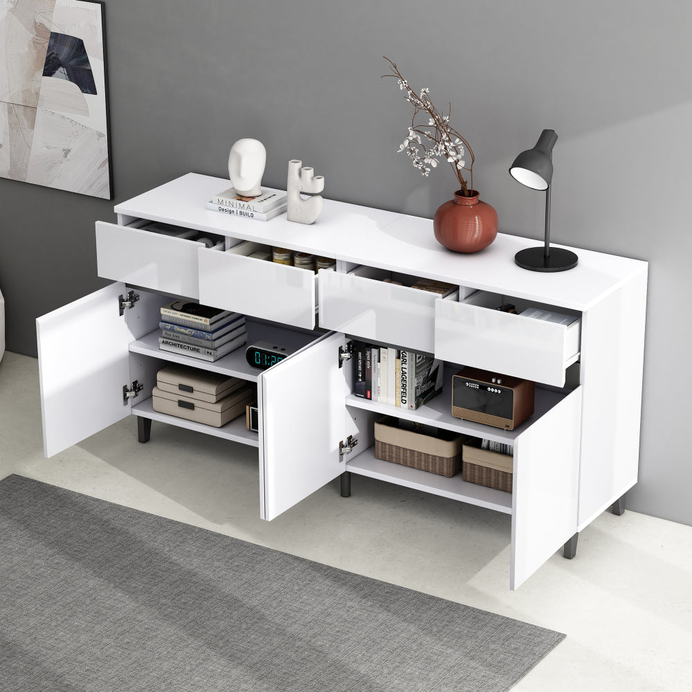 Moderne Kast – Opbergkast – Ladekast – Hoogglans Kast – Dressoir – Wit Hoogglans – 4 Ruime Lades – Verstelbare Planken