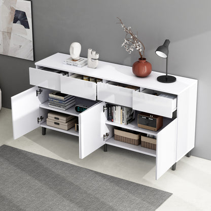 Moderne Kast – Opbergkast – Ladekast – Hoogglans Kast – Dressoir – Wit Hoogglans – 4 Ruime Lades – Verstelbare Planken