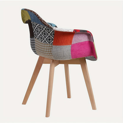 Set van 2 Boheemse Eetkamerstoelen – Rode Linnen Zitting met Contrasterende Ruitrugleuning, Beukenhouten Poten – Modern Farmhouse Stijl
