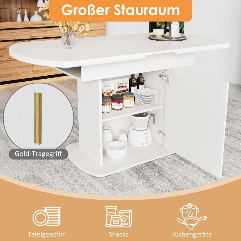 Uitschuifbare Ovaalvormige Tafel – Uitklapbare Eettafel – Salontafel – Werktafel – Compacte Tafel – Wit Met Gouden Handgrepen – Met Opbergruimte – 110-130x70x75 cm