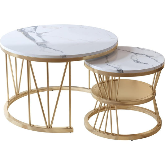 Ronde Koffietafel – Bijzettafel – Salontafel – Tafeltje – Set Van 2 – Gouden Metalen Frame – Wit Marmerlook Tafelblad 70x70x45 cm
