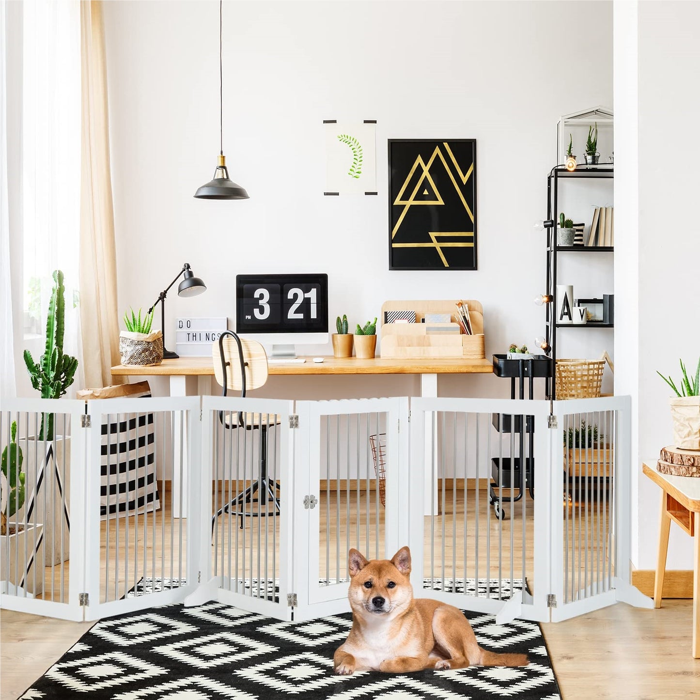 Hondenhek – Hondenren – Puppyhek – Traphekje – Loophekje – Vrijstaand – 6 Panelen Met Deur – 80 cm Hoog – Opvouwbaar – Wit – RVS & Hout – Extra Stevige Steunen