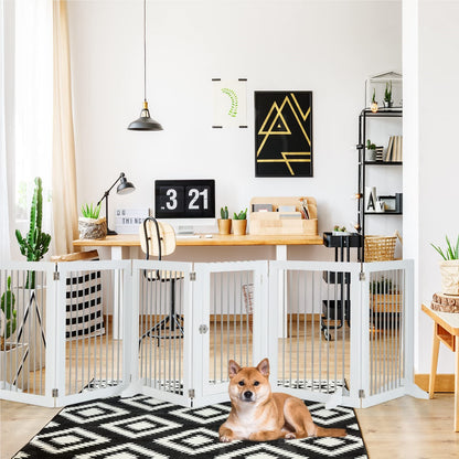 Hondenhek – Hondenren – Puppyhek – Traphekje – Loophekje – Vrijstaand – 6 Panelen Met Deur – 80 cm Hoog – Opvouwbaar – Wit – RVS & Hout – Extra Stevige Steunen