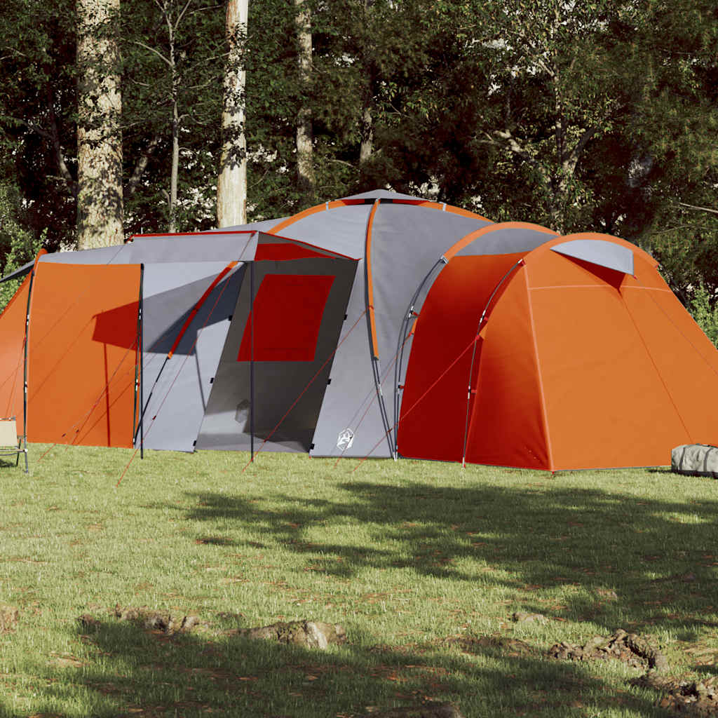 Tent – Familietent – Kampeertent – Tunneltent – Outdoor Tent – Waterdicht Polyester – Geschikt voor 10 Personen – Met Zonnekap - Grijs & Oranje