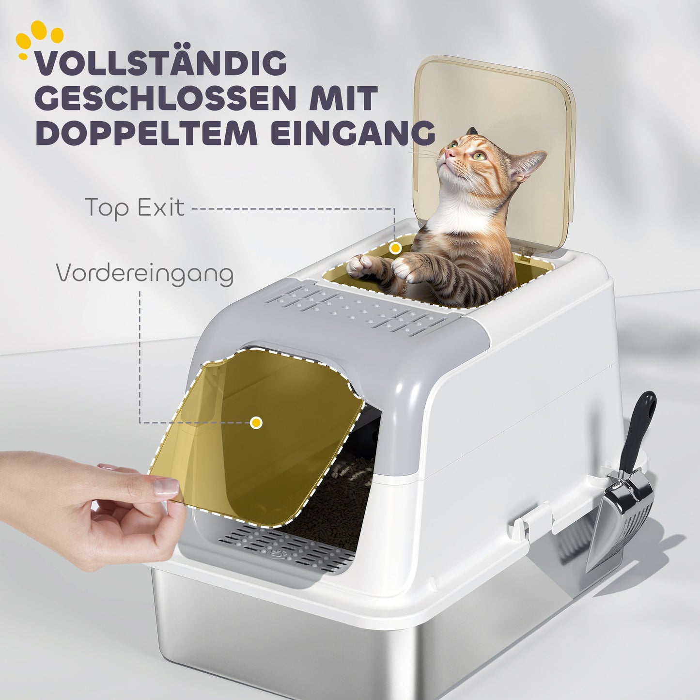 Kattenbak – Kattenbak Met Deksel – Katten Toilet – Kattenbak Met Schep – Gesloten Kattenbak – Roestvrijstalen Bak – Geurneutralisator – Voor Katten Tot 7 Kg