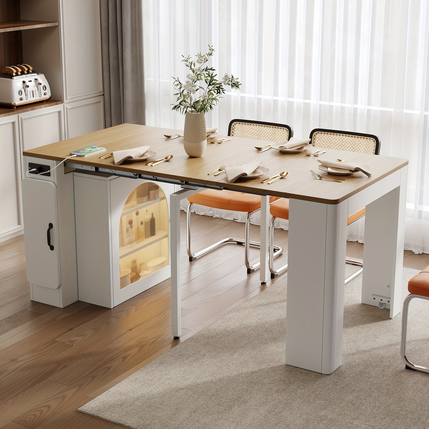 A Kitchen Island with Wheels, A Retractable Dining Table, And A Detachable Tabletop; It Can Be Used as a Sideboard, Buffet Table, or Bar in the Kitchen and Dining Area.