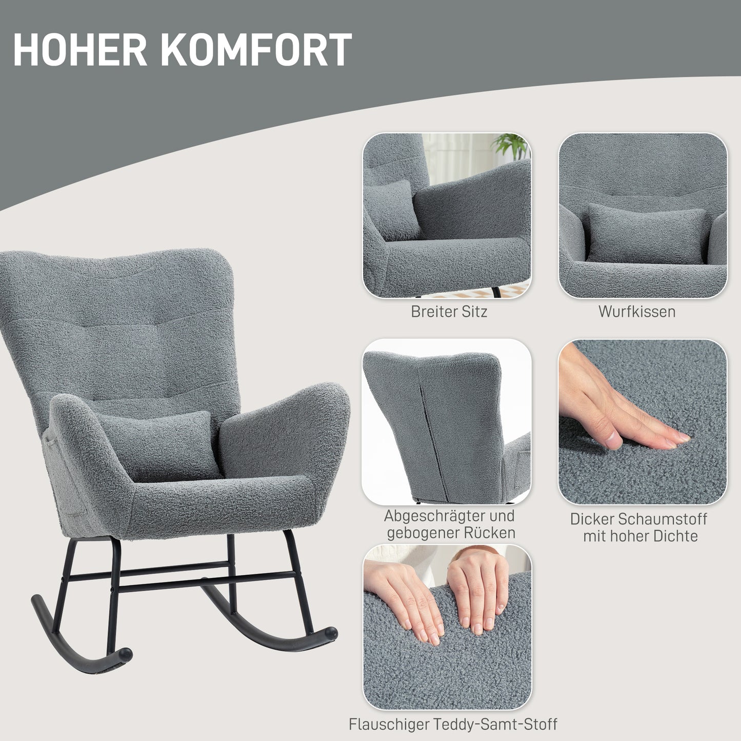 Schommelstoel – Schommelstoel Met Kussen – Relaxstoel – Loungestoel – Bureaustoel – Grijs – Pluche Bekleding – Ergonomisch Rugkussen