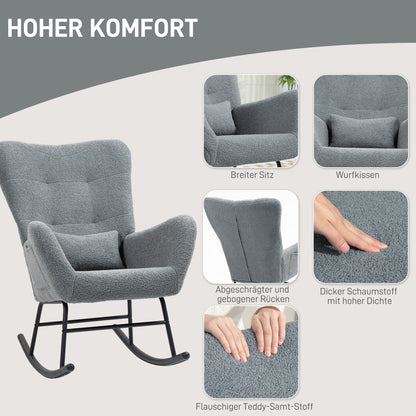 Schommelstoel – Schommelstoel Met Kussen – Relaxstoel – Loungestoel – Bureaustoel – Grijs – Pluche Bekleding – Ergonomisch Rugkussen