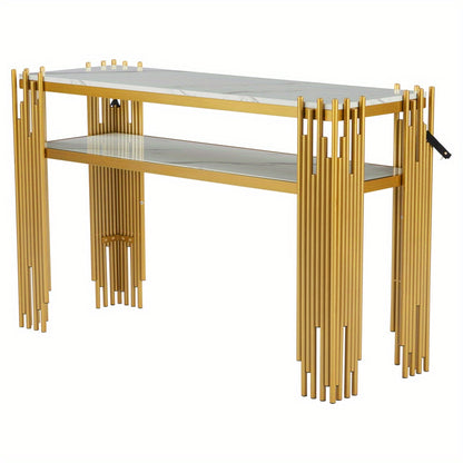 Sidetable – Consoletafel – Wandtafel – Haltafel – Bijzettafel – Mid-Century Modern – Wit MDF Met Gouden Poten – 128x44x80 cm – Draagvermogen 40kg