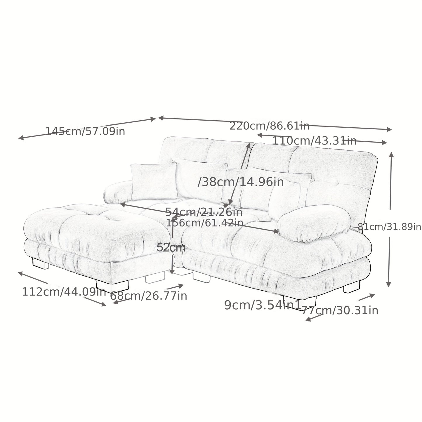 Living Room Cloud Corner Sofa, Chenille Loveseat with 2 Lumbar Cushions And 2 Decorative Pillows, Upholstered Sofa with Wide Armrests And Footstool