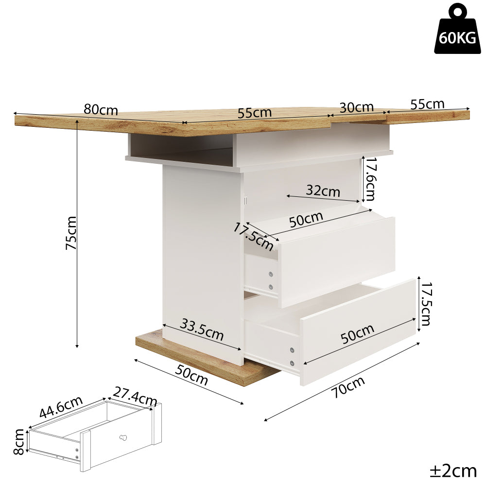 Uitklapbare Eettafel – Klaptafel – Uitschuifbare Tafel – Eettafel Compact – Meubeltafel – Zwart-Wit – Uitbreidbaar 110-140 cm – 3-Lagen Opbergruimte – Stevige Duurzame Constructie