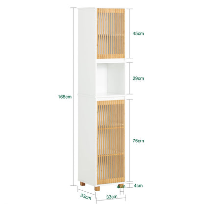 Badkamerkast – Kolomkast – Opbergkast – Hoge Kast – Badmeubel – 33x33x165 cm – MDF & Bamboe – Vochtbestendig & Anti-Kantelbeveiliging
